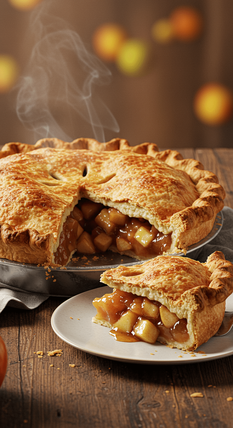 A beautiful, golden-brown homemade Deep-Dish Apple Pie with a flaky crust and a perfect, tall slice removed.