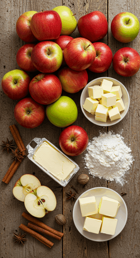 The fresh, from-scratch ingredients for the classic homemade Deep-Dish Apple Pie recipe.