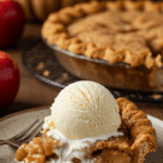 A perfect, tall slice of warm, homemade Deep-Dish Apple Pie served with a large scoop of melting vanilla ice cream.