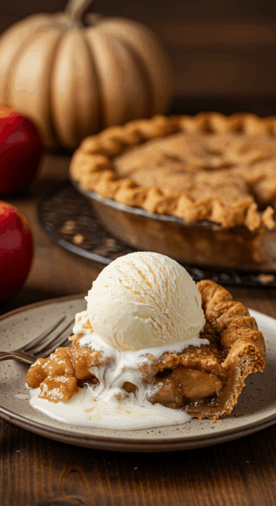 A perfect, tall slice of warm, homemade Deep-Dish Apple Pie served with a large scoop of melting vanilla ice cream.