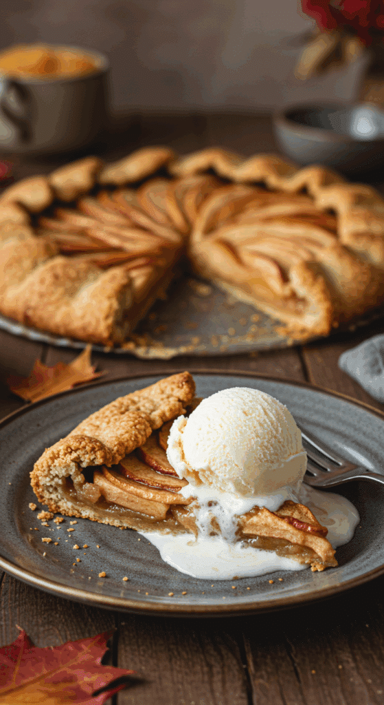 A perfect slice of warm, homemade Apple Galette served with a large scoop of melting vanilla ice cream.