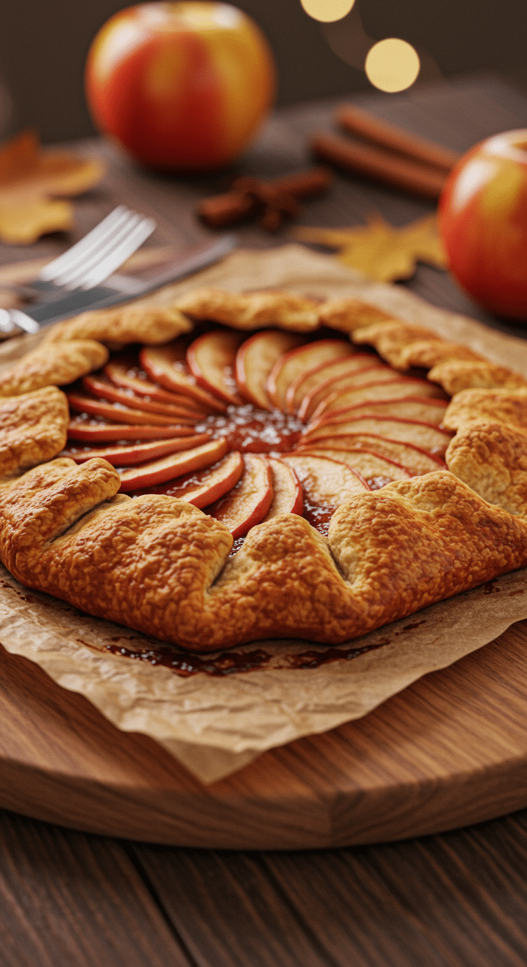 A beautiful, golden-brown, rustic homemade Apple Galette, fresh from the oven on a wooden board.