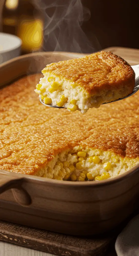 Serving a large, delicious scoop of homemade Corn Casserole at a happy Thanksgiving dinner.