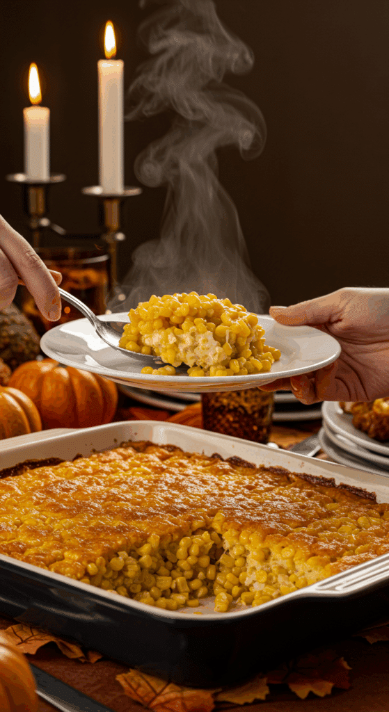 A beautiful, golden-brown, homemade Corn Casserole in a baking dish with a creamy scoop being lifted out.