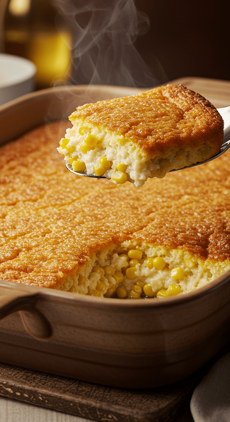 Serving a large, delicious scoop of homemade Corn Casserole at a happy Thanksgiving dinner.