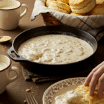 A cozy Southern breakfast table with a skillet of homemade Country Gravy and a basket of fresh biscuits.