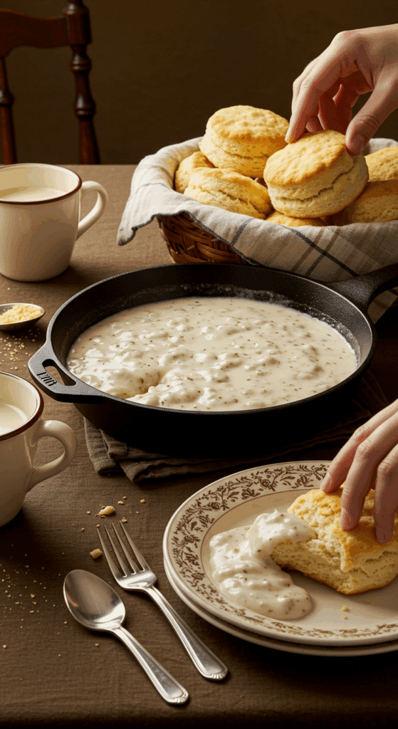 A cozy Southern breakfast table with a skillet of homemade Country Gravy and a basket of fresh biscuits.