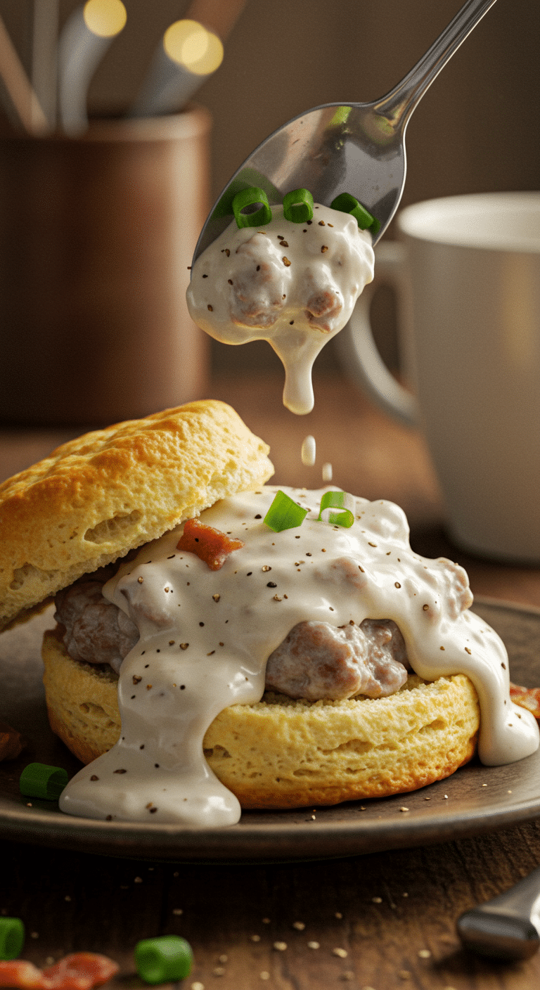 A fluffy, homemade buttermilk biscuit being smothered in a thick, creamy, and savory Country Gravy with sausage.