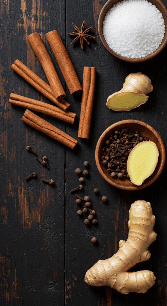 The whole, aromatic spices for the homemade Spiced Simple Syrup, including cinnamon sticks, cloves, and ginger.