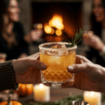 A hand holding a beautiful glass of a Harvest Margarita at a festive holiday party.