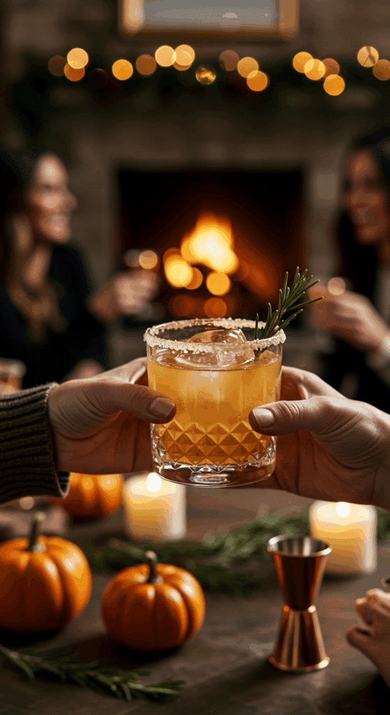 A hand holding a beautiful glass of a Harvest Margarita at a festive holiday party.