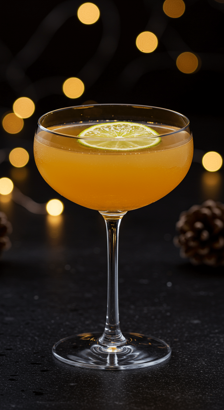 A beautiful, elegant, golden-amber colored Harvest Margarita in a coupe glass with a lime wheel garnish.