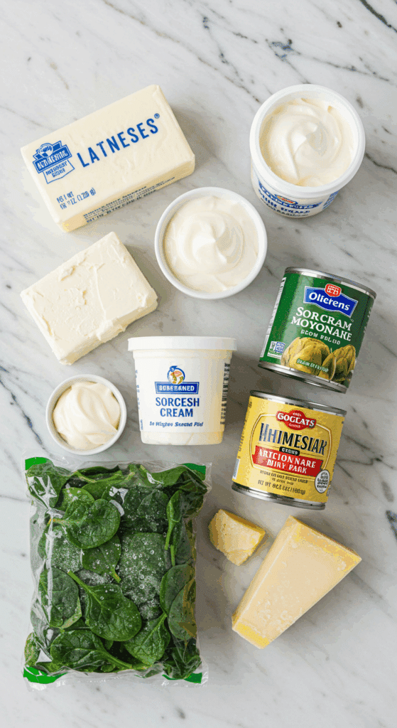 The simple, classic ingredients for the from-scratch Hot Spinach and Artichoke Dip recipe.
