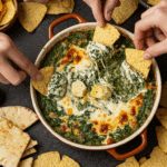 The finished bowl of Hot Spinach and Artichoke Dip being enjoyed by a group of friends at a party.