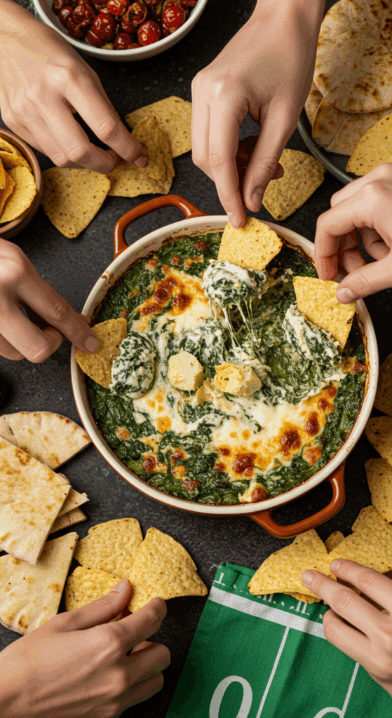 The finished bowl of Hot Spinach and Artichoke Dip being enjoyed by a group of friends at a party.