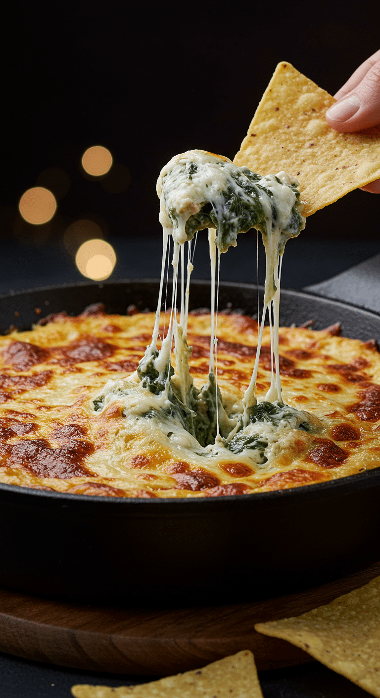 A beautiful, hot and bubbly, from-scratch Hot Spinach and Artichoke Dip in a skillet with a cheesy tortilla chip