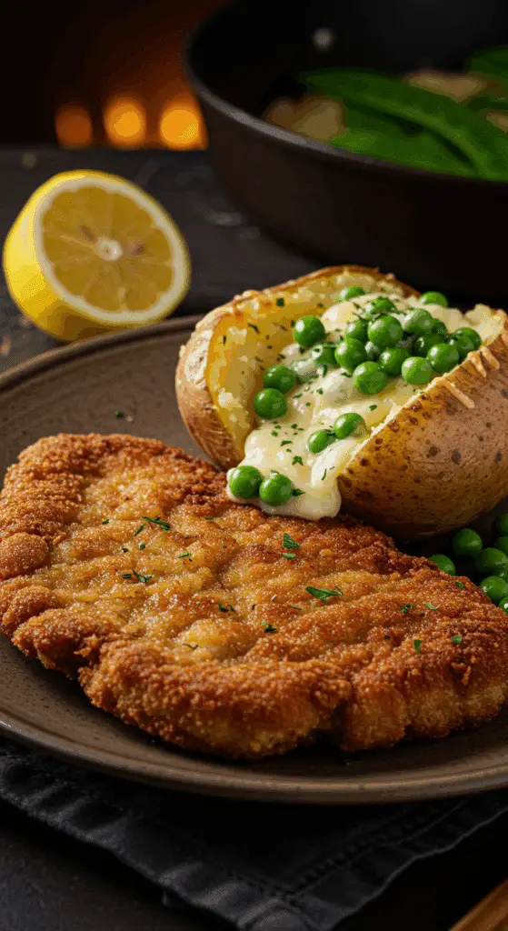 A beautiful, rustic plate of homemade, crispy, golden-brown Pork Schnitzel, served with a fluffy, cheesy baked potato.
