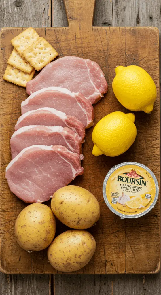 The simple, classic ingredients for the from-scratch, crispy Pork Schnitzel and Cheesy Potatoes recipe.