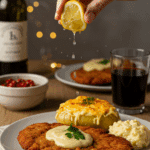 A hand squeezing a fresh lemon wedge over a crispy, golden-brown, homemade Pork Schnitzel on a dinner plate.
