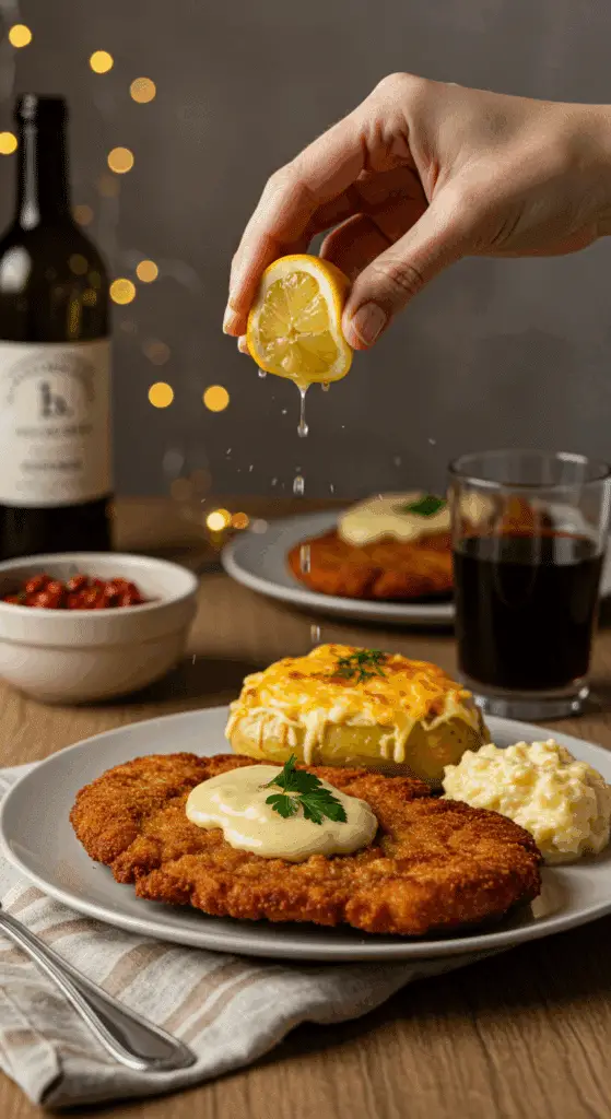 A hand squeezing a fresh lemon wedge over a crispy, golden-brown, homemade Pork Schnitzel on a dinner plate.