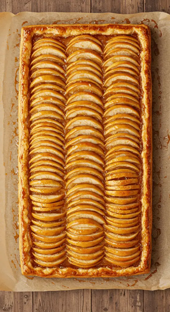 A beautiful, golden-brown, homemade French Apple Tart with a glossy glaze and a perfect, fanned-apple design.