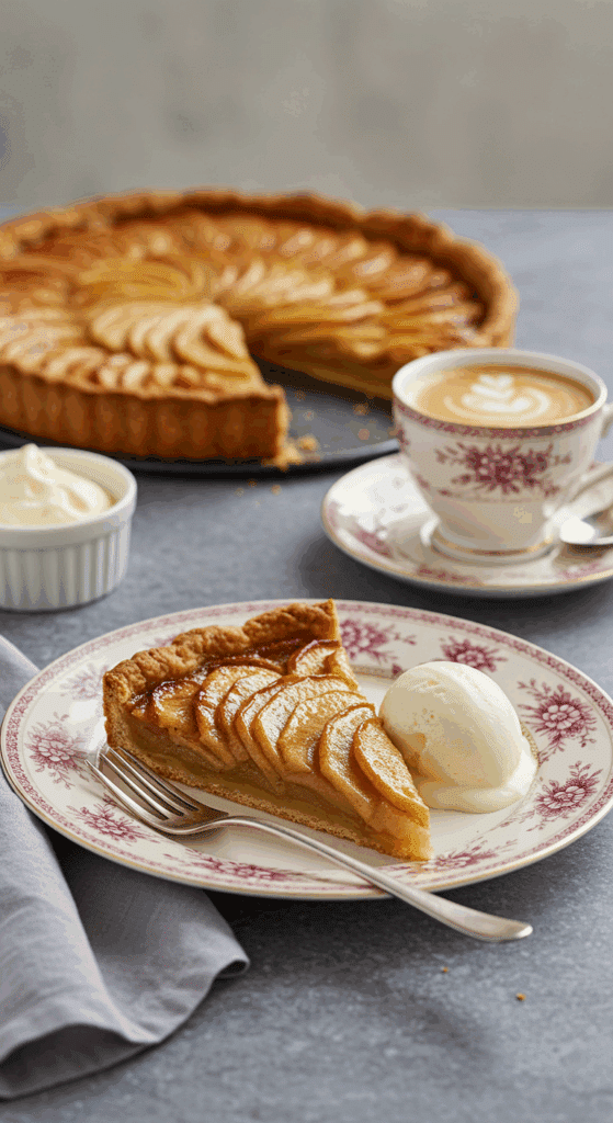 An elegant slice of French Apple Tart being served with a scoop of vanilla ice cream for dessert.
