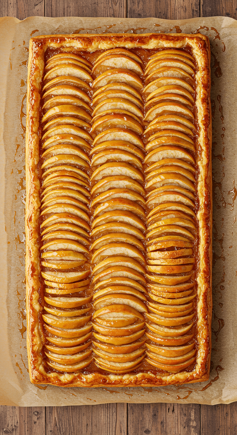 A beautiful, golden-brown, homemade French Apple Tart with a glossy glaze and a perfect, fanned-apple design.