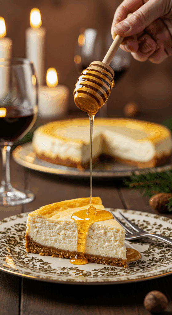 An elegant slice of homemade Goat Cheese Cheesecake being served with a drizzle of honey at a dinner party.