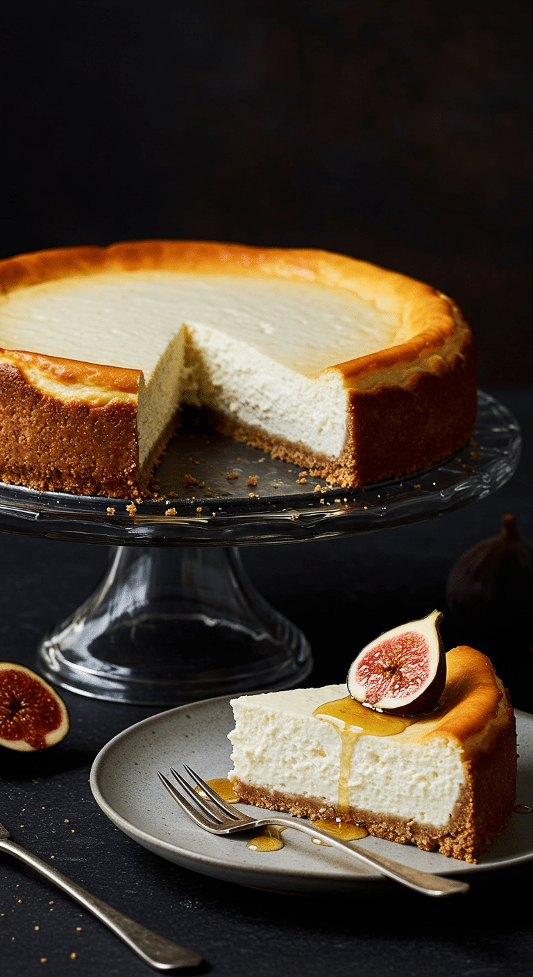A beautiful, perfect, and flawless homemade Goat Cheese Cheesecake on a cake stand with an elegant slice removed.
