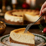 An elegant slice of perfect, homemade Nutmeg Cheesecake being served as dessert at a festive holiday dinner party.
