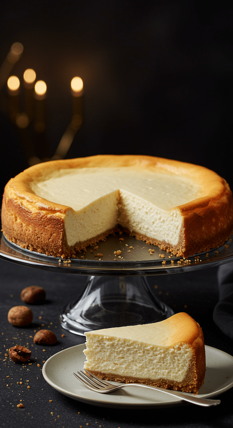 A beautiful, perfect, and flawless homemade Nutmeg Cheesecake on a cake stand with a perfect, creamy slice removed.