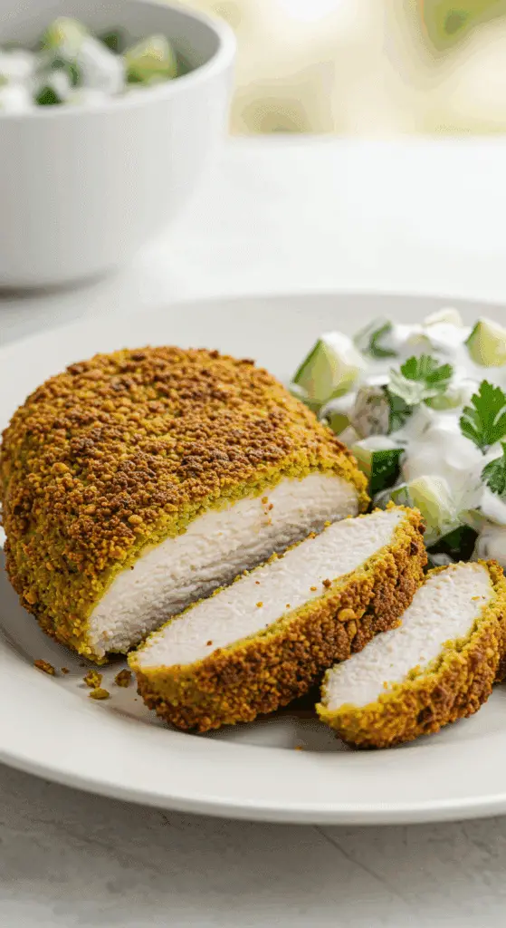 A beautiful, golden-brown, homemade Crispy Falafel-Crusted Chicken breast, sliced to show the juicy interior and served with a fresh cucumber-yogurt salad.