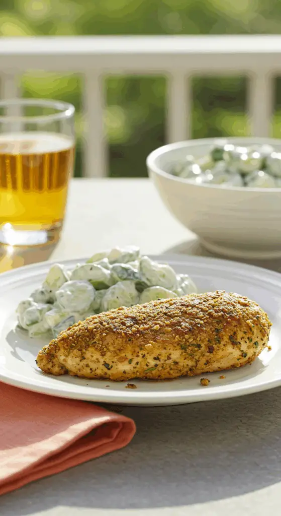 A beautiful plate of homemade, crispy Falafel-Crusted Chicken served with a fresh cucumber salad for a healthy lunch.