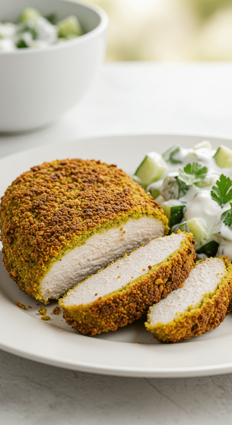 A beautiful, golden-brown, homemade Crispy Falafel-Crusted Chicken breast, sliced to show the juicy interior and served with a fresh cucumber-yogurt salad.