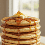 A tall, perfect stack of fluffy, golden-brown Old-Fashioned Pancakes with melting butter and maple syrup.