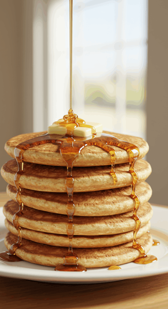 A tall, perfect stack of fluffy, golden-brown Old-Fashioned Pancakes with melting butter and maple syrup.