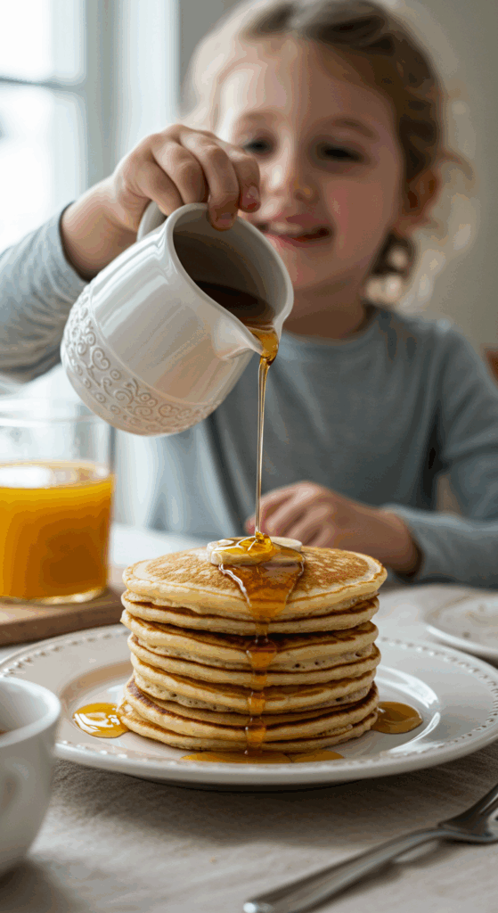 A child happily pouring maple syrup over a stack of Old-Fashioned Pancakes at a family breakfast.