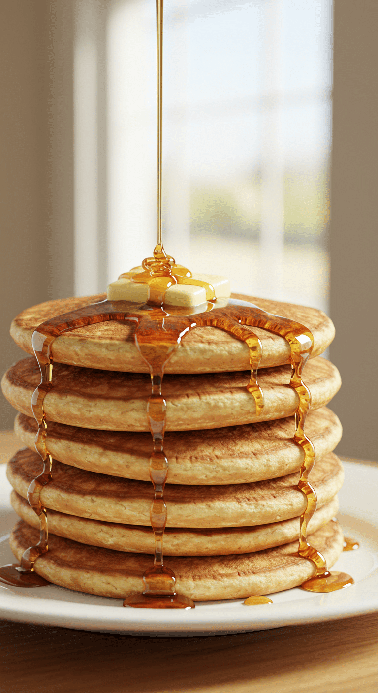 A tall, perfect stack of fluffy, golden-brown Old-Fashioned Pancakes with melting butter and maple syrup.