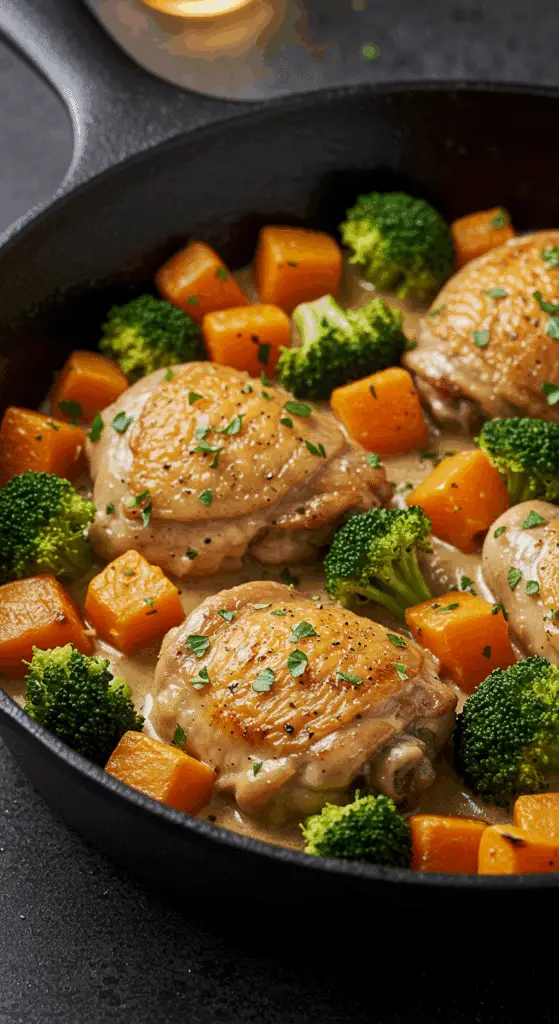 A beautiful, rustic cast-iron skillet of homemade, golden-brown Creamy Garlic Chicken and roasted vegetables in a rich cream sauce.