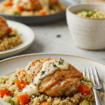 A beautiful plate of homemade Creamy Garlic Chicken and Vegetables and sauce, served over a bed of fluffy quinoa for a healthy meal.