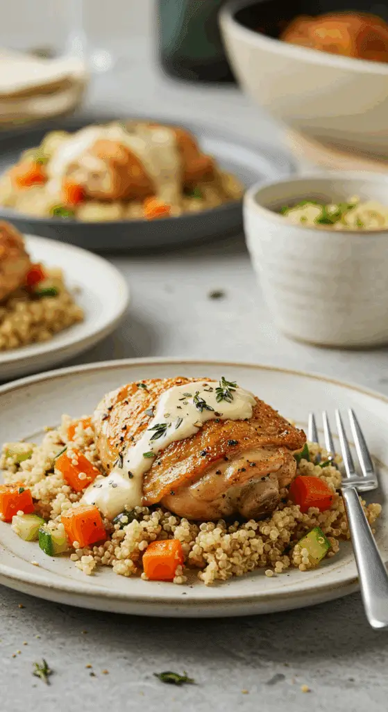 A beautiful plate of homemade Creamy Garlic Chicken and Vegetables and sauce, served over a bed of fluffy quinoa for a healthy meal.