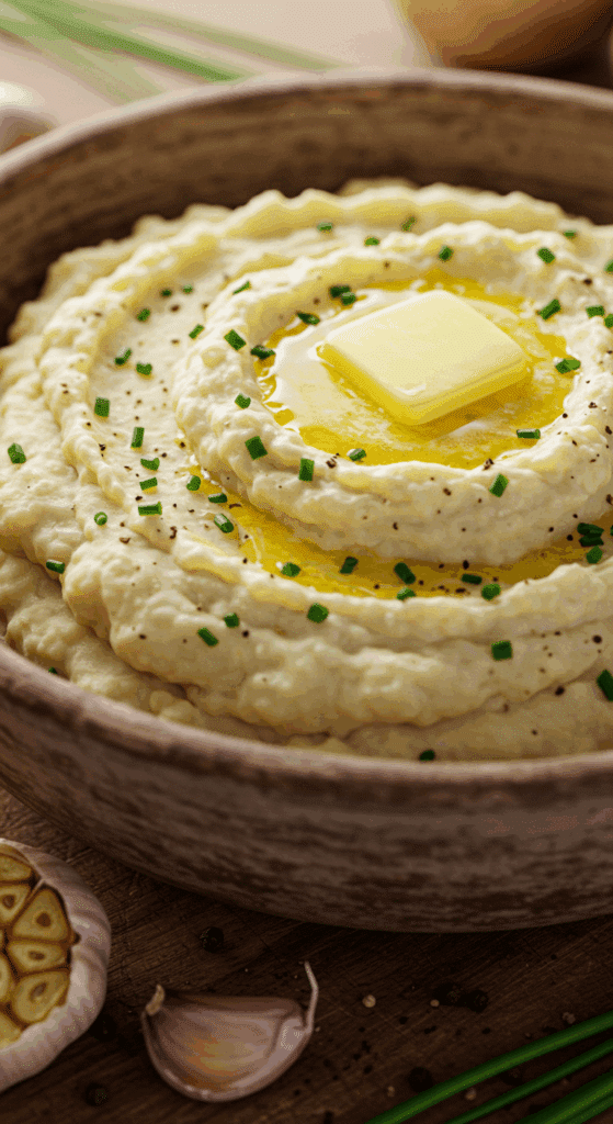 A large, rustic bowl of fluffy and creamy, homemade Garlic Mashed Potatoes with a pat of melting butter on top.