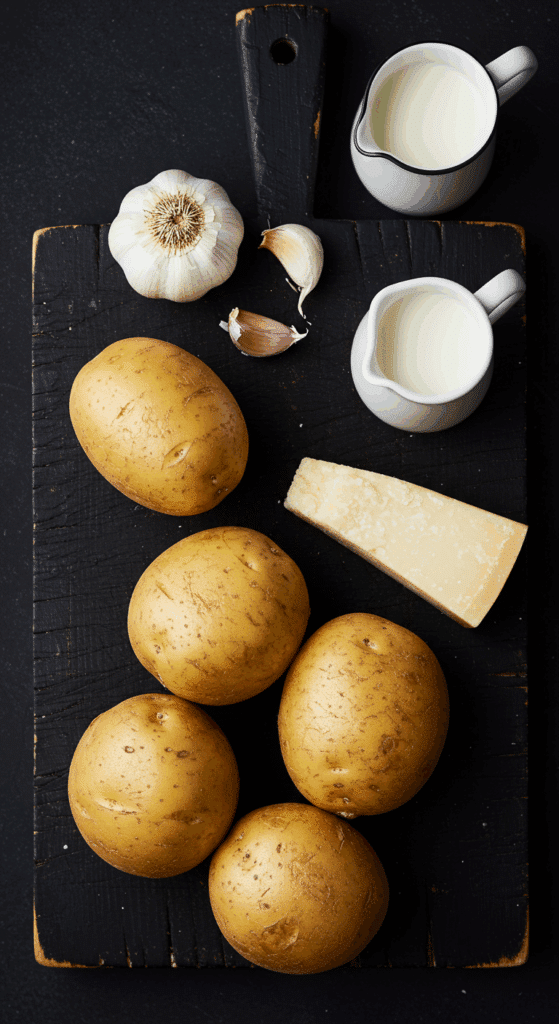 The simple, classic ingredients for the Creamy Garlic Mashed Potatoes recipe.