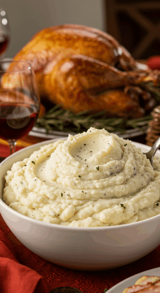 A large, beautiful bowl of Creamy Garlic Mashed Potatoes being served as a side dish at a festive holiday dinner.