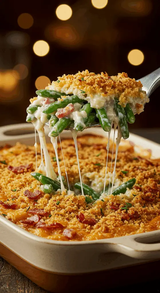 A beautiful, golden-brown, from-scratch Green Bean Casserole with a creamy scoop being lifted out.