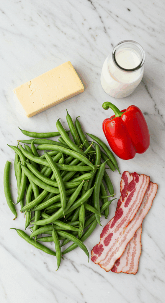 The fresh, from-scratch ingredients for the homemade Green Bean Casserole recipe.