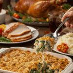 Serving a large, delicious scoop of from-scratch Green Bean Casserole at a happy Thanksgiving dinner.