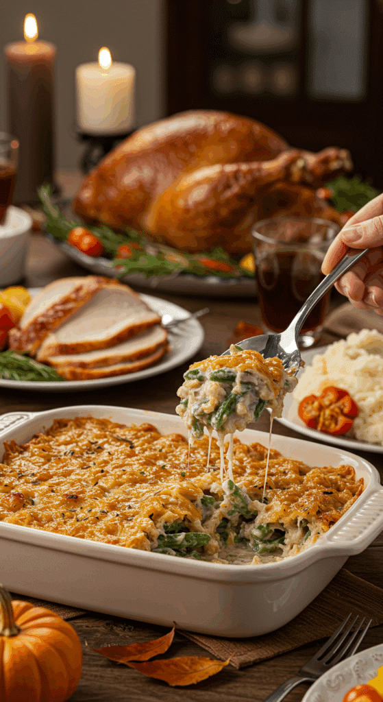 Serving a large, delicious scoop of from-scratch Green Bean Casserole at a happy Thanksgiving dinner.