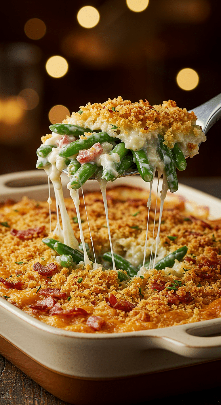 A beautiful, golden-brown, from-scratch Green Bean Casserole with a creamy scoop being lifted out.