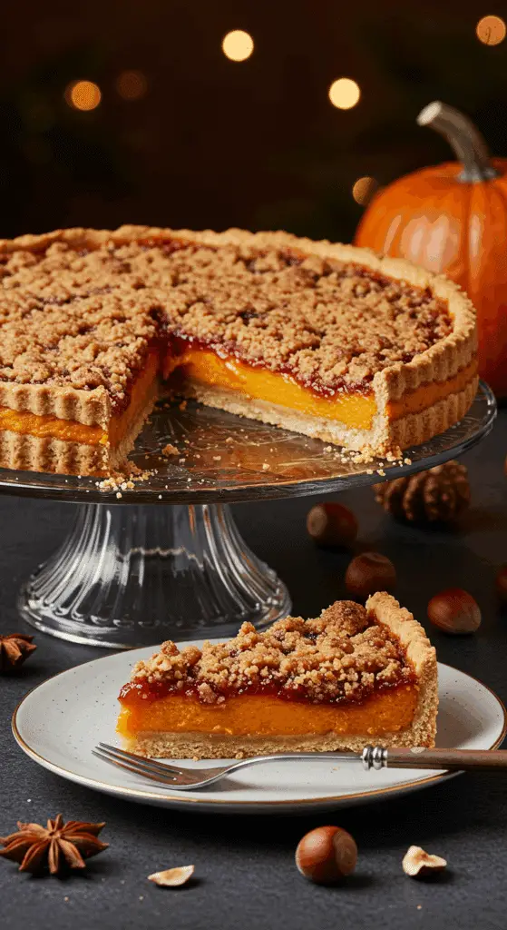 A beautiful, elegant, homemade Linzer-Hazelnut Pumpkin Pie on a cake stand with a perfect, multi-layered slice removed.